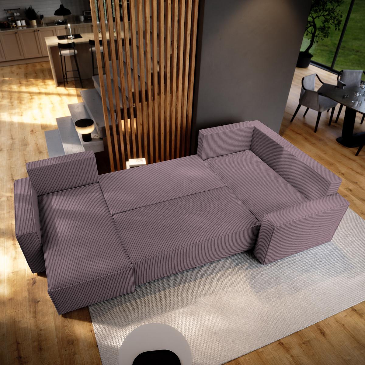 WOHNLANDSCHAFT NORENA R-S Lila Kordstoff mit Schlaffunktion - Lila, Holz (295/85/157.5cm) - MASSENO