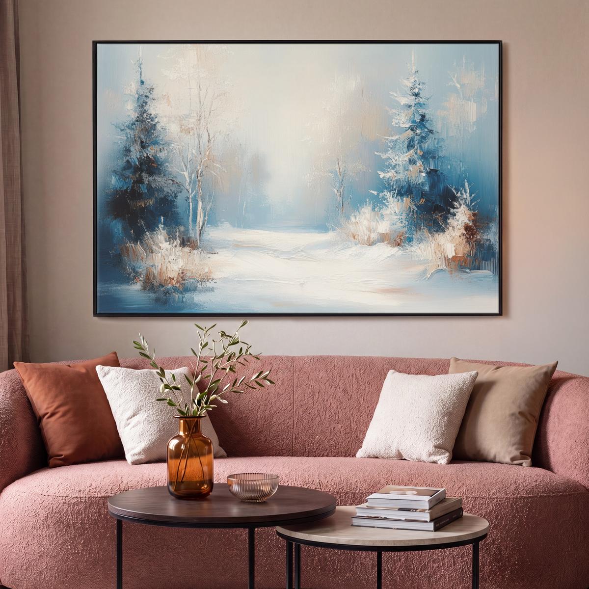 LEINWAND Bilder mit Rahmen - Wald – Winter – Natur – Abstrakt – Schnee - 150x100 - Weiß, Textil (150/100cm) - MuchoWow