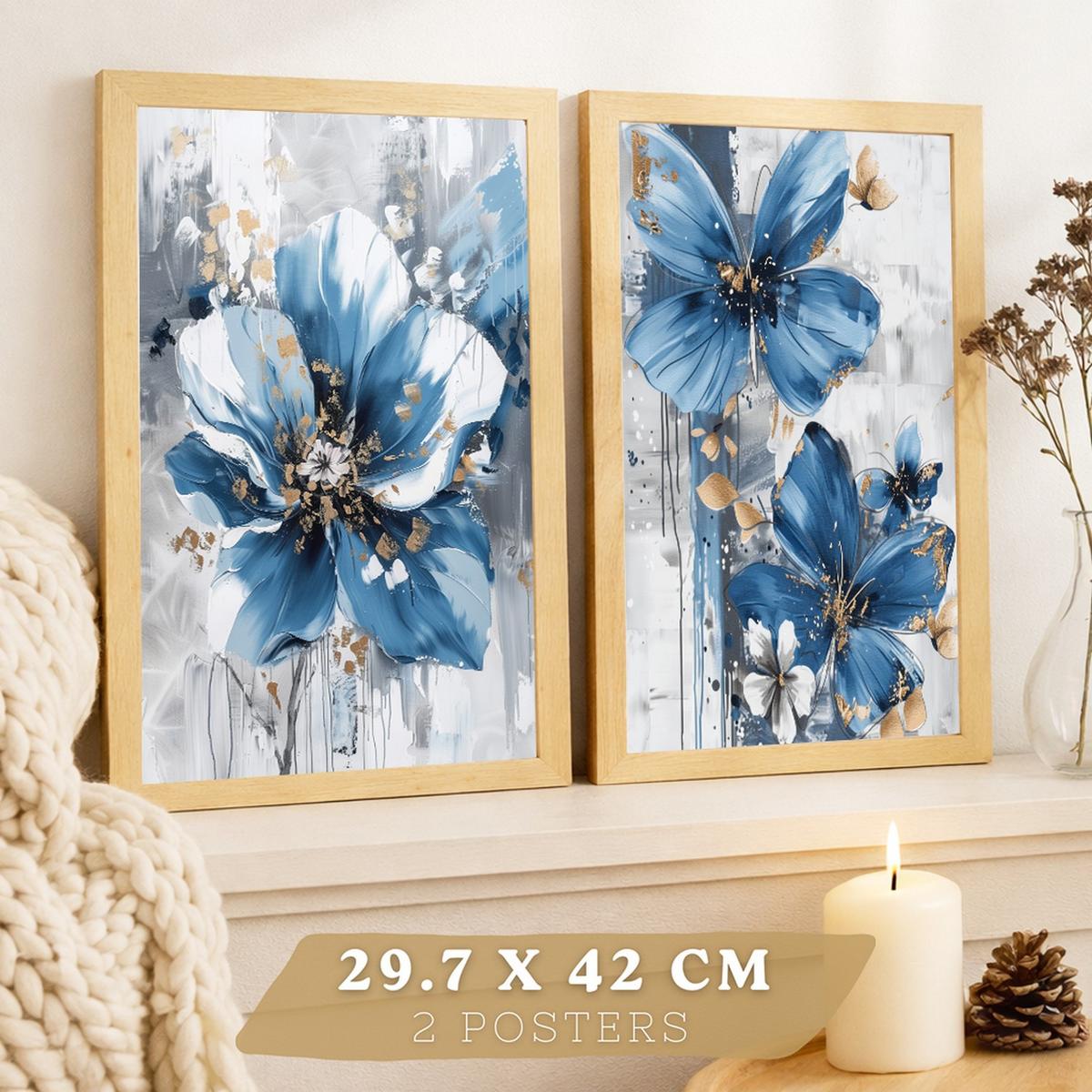 POSTER 2er-Set Wandbilder Blumen Blau Braun modern Wohnzimmer Deko, Schlafzimmer, Küche, Badezimmer Rahmenlos A4 - Klar, Papier (29.7/1/21cm) - Nacnic