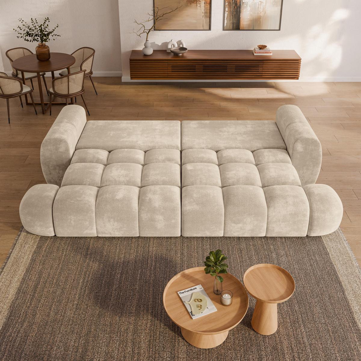 BETTSOFA DAFNE Creme Chenille-Stoff mit Schlaffunktion - Creme, Textil (300/88/113cm) - MASSENO