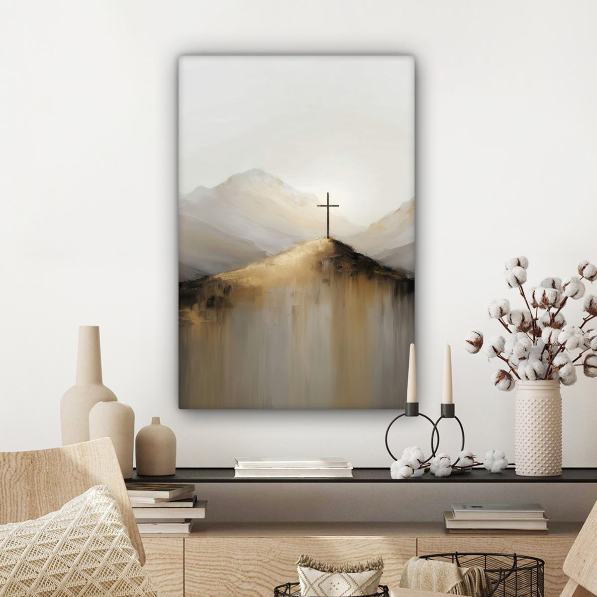 LEINWANDBILD Hügel - Abstrakt - Kreuz - Christentum Wanddeko Schlafzimmer 60x90 cm - Beige, Textil (60/90cm) - MuchoWow