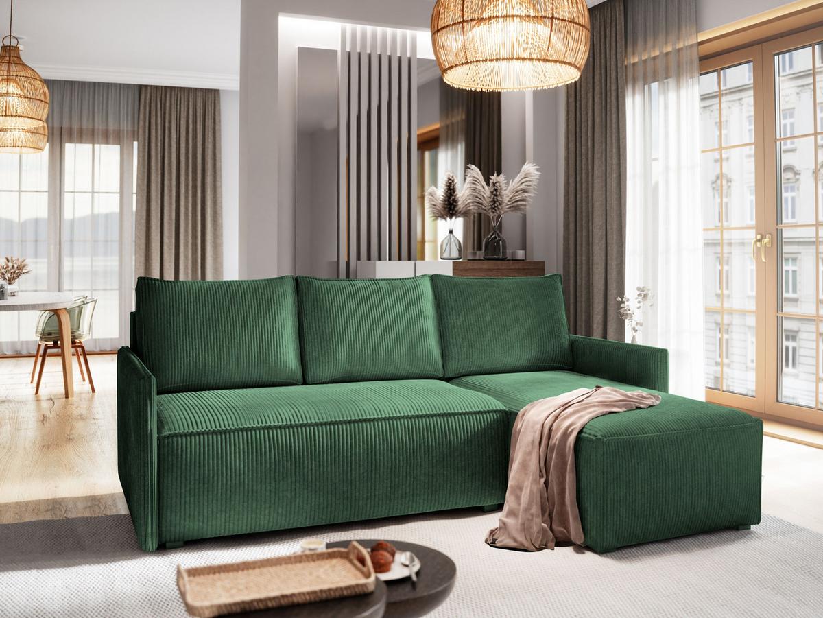 ECKSOFA PERUSI Grün Kordstoff mit Schlaffunktion - Grau/Grün, Holz/Kunststoff (206/143cm) - MASSENO