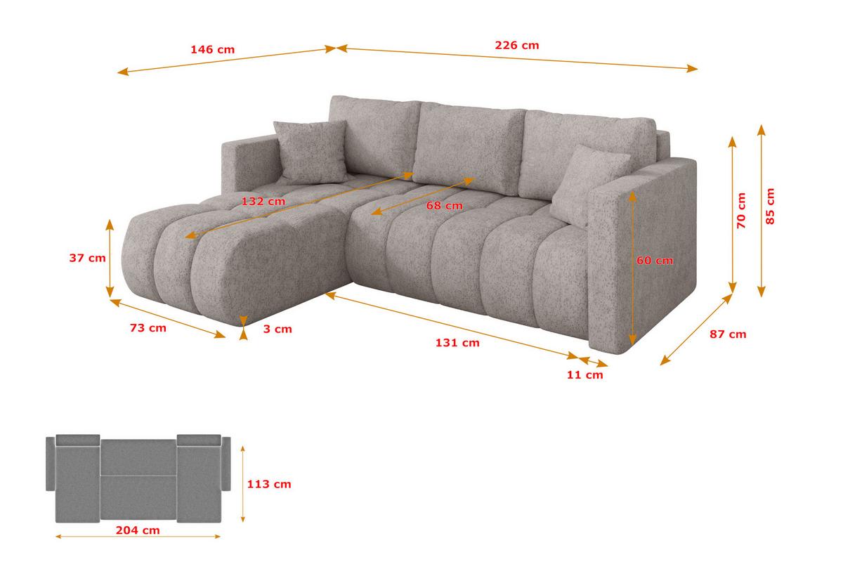 ECKSOFA mit Schlaffunktion Ottomane Links GARD-L 226x146x85 Hellgrau Velours - Hellgrau/Schwarz, Holzwerkstoff/Kunststoff (226/146cm) - ALTDECOR