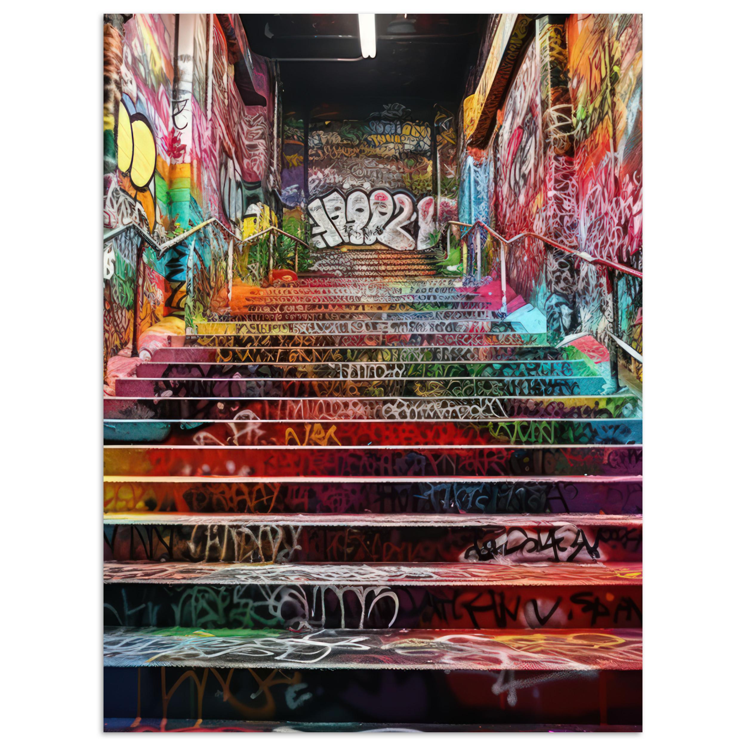 POSTER Treppe - Graffiti - Farben - Kunst Deko Wohnzimmer 60x80 cm - Multicolor, Papier (60/80/0.1cm) - MuchoWow