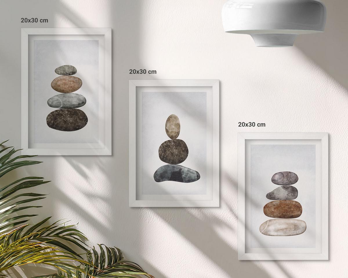 BILDER SET 3er Set - 20x30 cm Weißer Rahmen - Minimalistische Boho-Steine - Weiß, Kunststoff (20/30cm) - TULUP