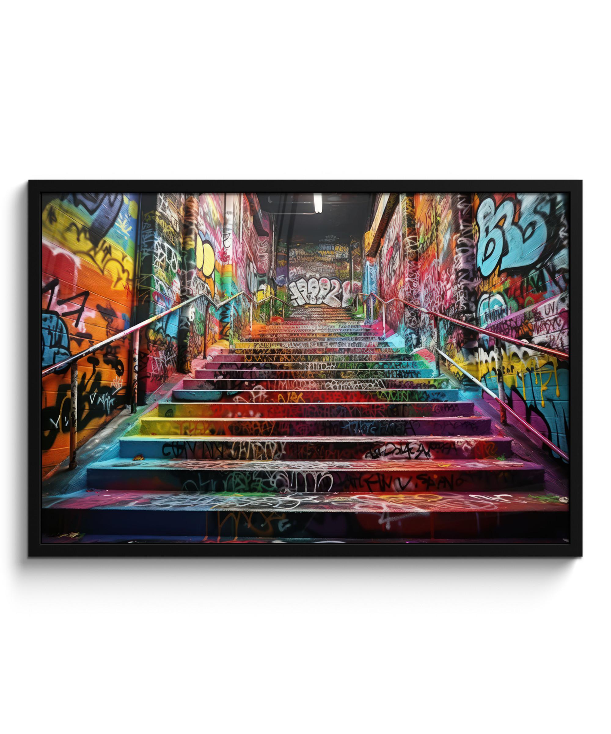 POSTER MIT RAHMEN Treppe - Graffiti - Farben - Kunst 90x60 cm - Multicolor, Papier (90/60cm) - MuchoWow