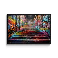 POSTER MIT RAHMENGERAHMTES BILD Treppe - Graffiti - Farben - Kunst 90x60 cm - Multicolor, Papier (90/60cm) - MuchoWow