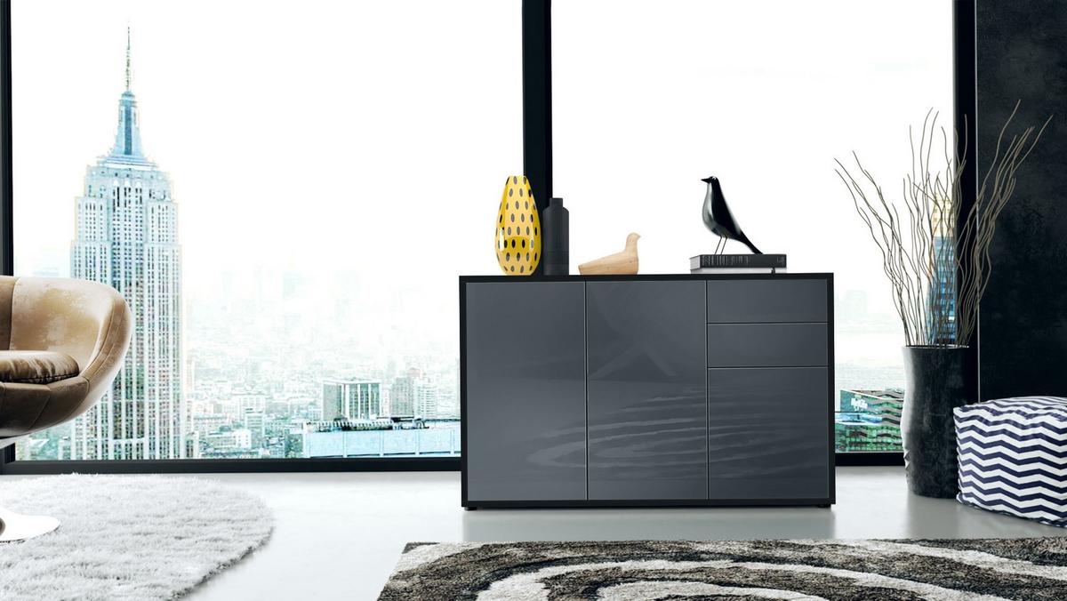 KOMMODE Ben Front in Grau Hochglanz - Grau, Holzwerkstoff (117/74/36cm) - Vladon