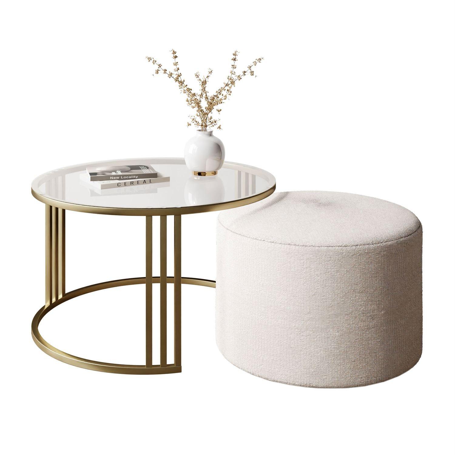 COUCHTISCH mit Hocker LORI GLASS gebürstetes Gold/transparentes Glas/Coral 65 - Transparent, Metall (70/70/49cm) - Lookway