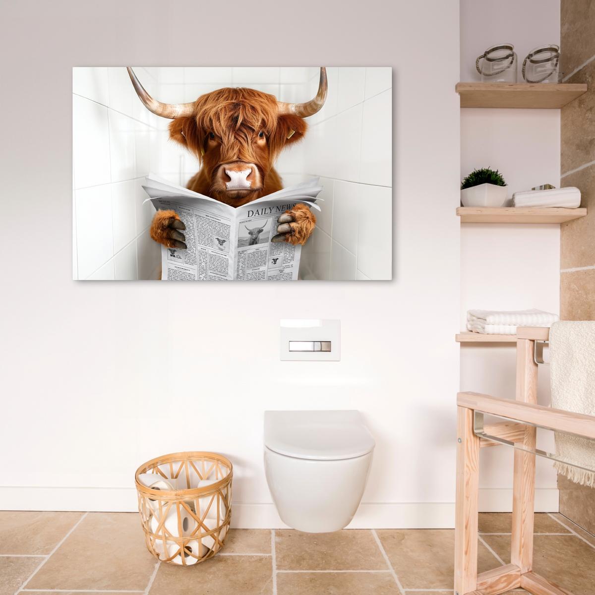 LEINWANDBILD Schottischer Highlander - Tier - Zeitung - Toilette Wohnzimmer Groß 120x80 cm - Kastanienfarben, Textil (120/80cm) - MuchoWow