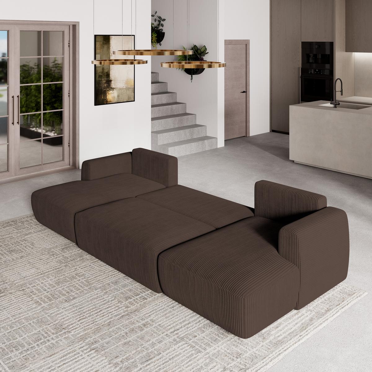 WOHNLANDSCHAFT SENTUM P Braun Kordstoff mit Schlaffunktion - Schwarz/Braun, Holz/Kunststoff (330/90/148cm) - MASSENO