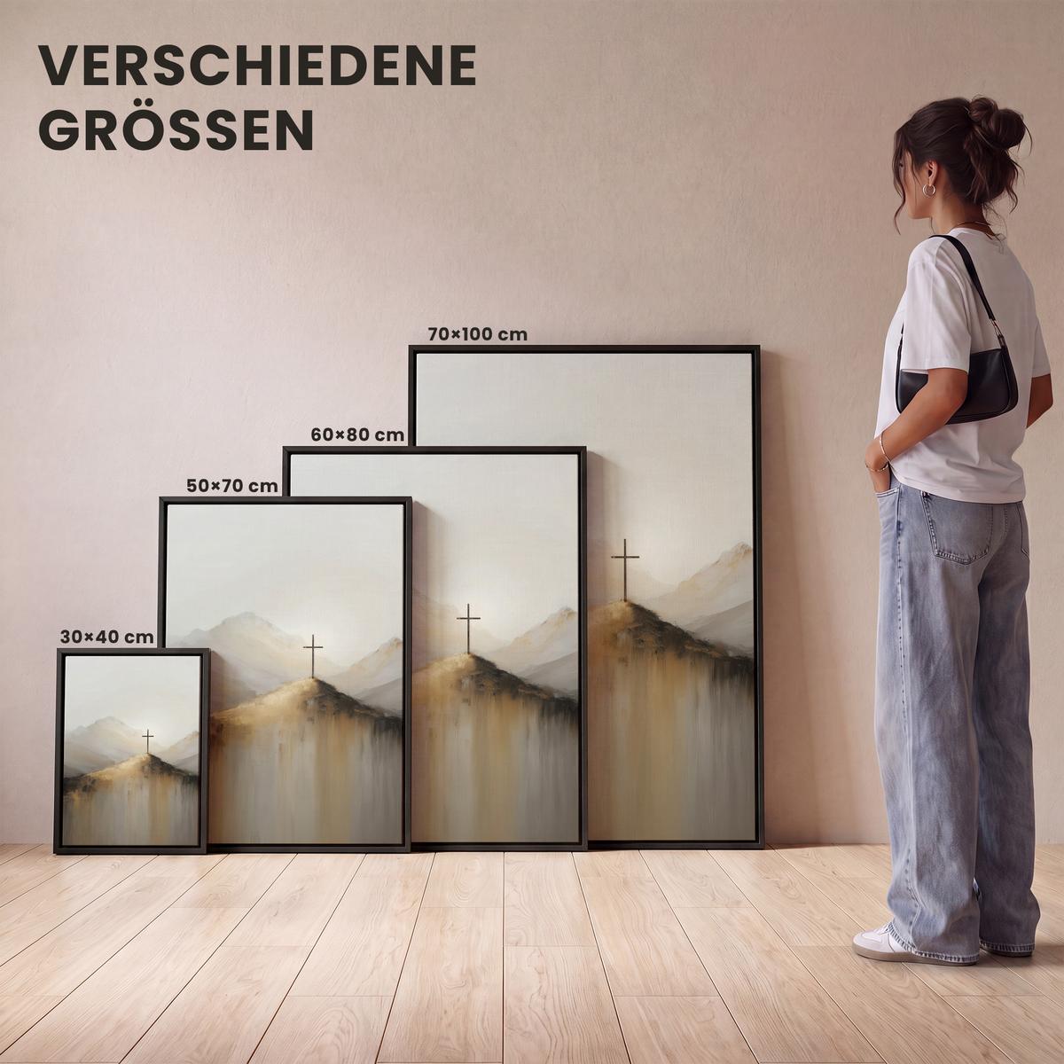 LEINWAND Bilder mit Rahmen - Hügel - Abstrakt - Kreuz - Christentum - 50x70 - Beige, Textil (50/70cm) - MuchoWow