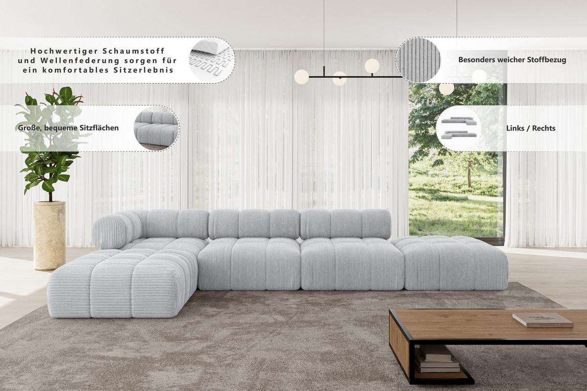ECKSOFA modulares Sofa Kerru-L2 - 380x190x70 cm Schwarz Velours - Schwarz, Holzwerkstoff/Textil (380/190cm) - ALTDECOR
