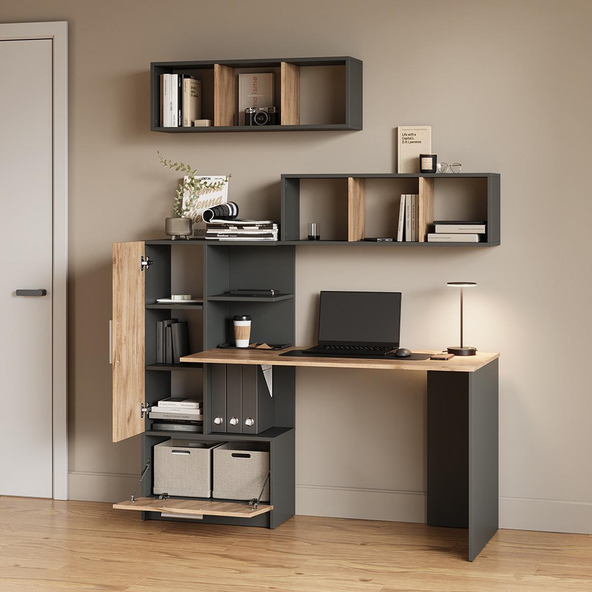 WANDREGAL Lorena Anthrazit/Goldkraft Eiche 90 x 30 cm 2er Set - Honigeiche/Anthrazit, Holzwerkstoff (90/30/22cm) - Livinity®