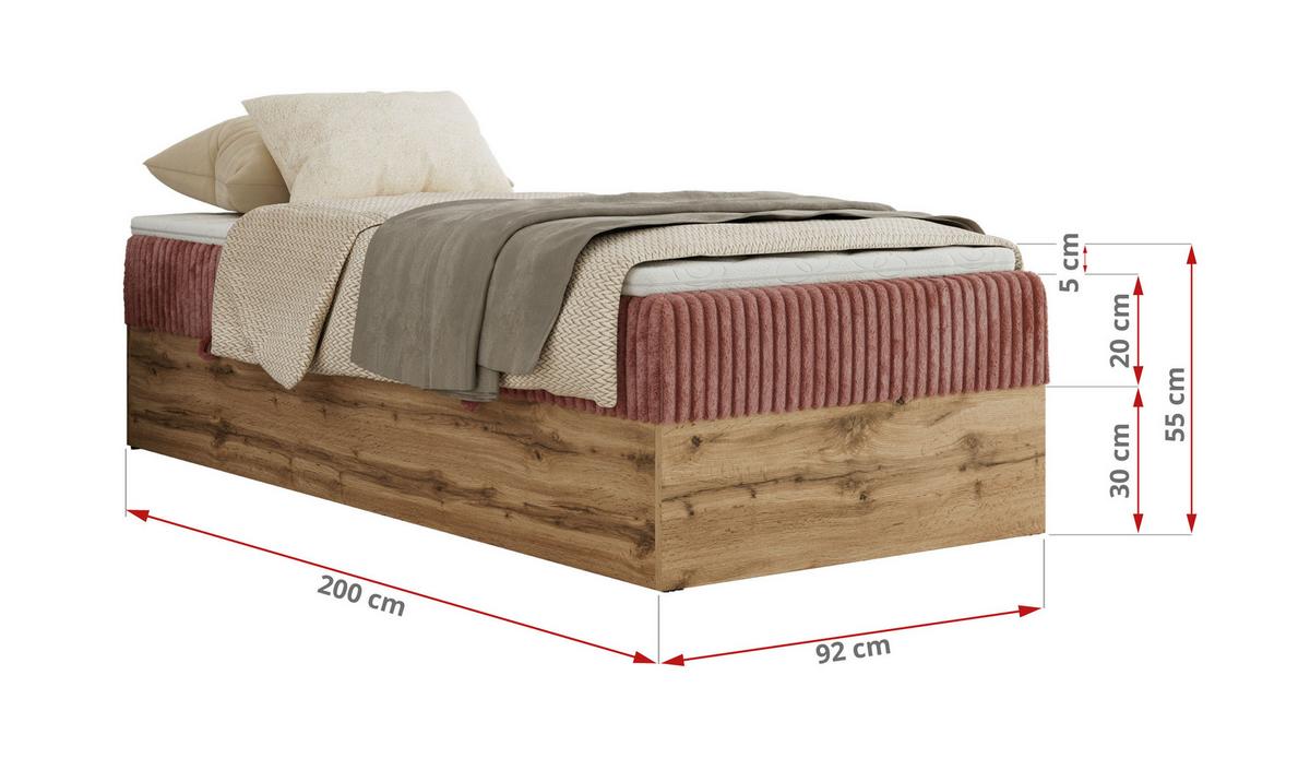 BOXBETT WOOD ZERO 90/200 - Rosa Cord - H3 - Topper Visco - Rosa, Textil (90/200cm) - MKS