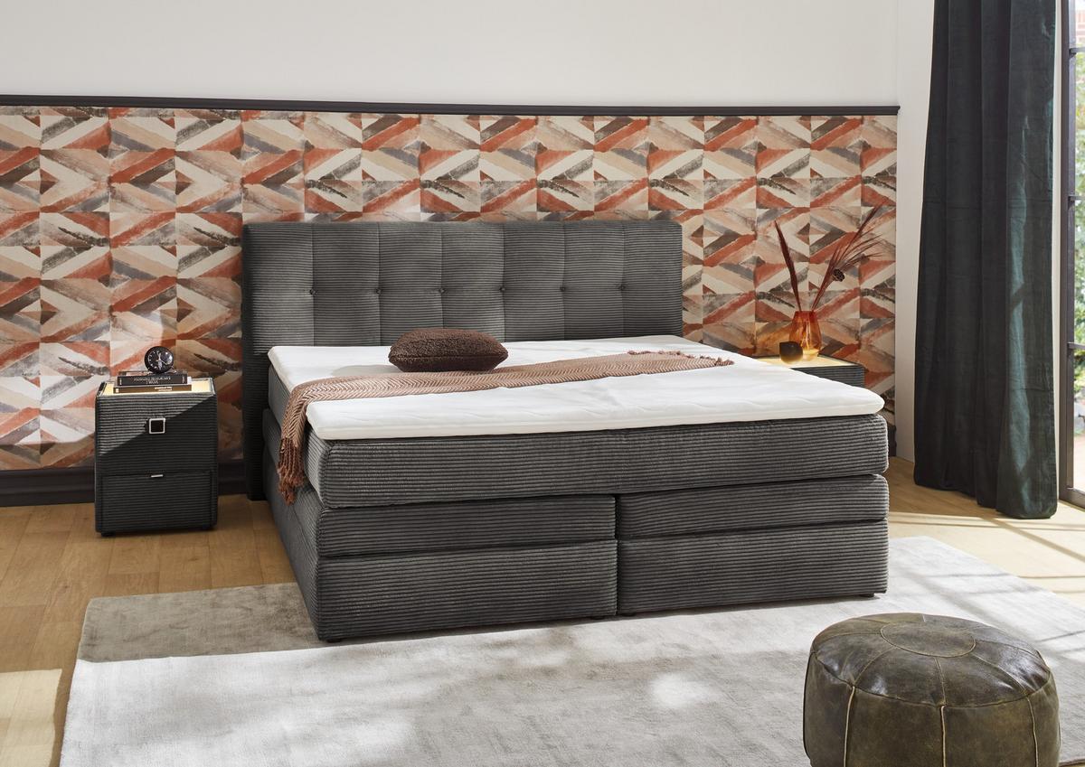 BOXSPRINGBETT 180x200 cm, 7-Zonen-Tonnentaschen-Federkernmatratzen H3, Topper, Bonell-Federkern, 2 Bettkästen, Cord Dunkelgrau / 20038 - Dunkelgrau/Schwarz, Kunststoff/Textil (180/200cm) - luma-home