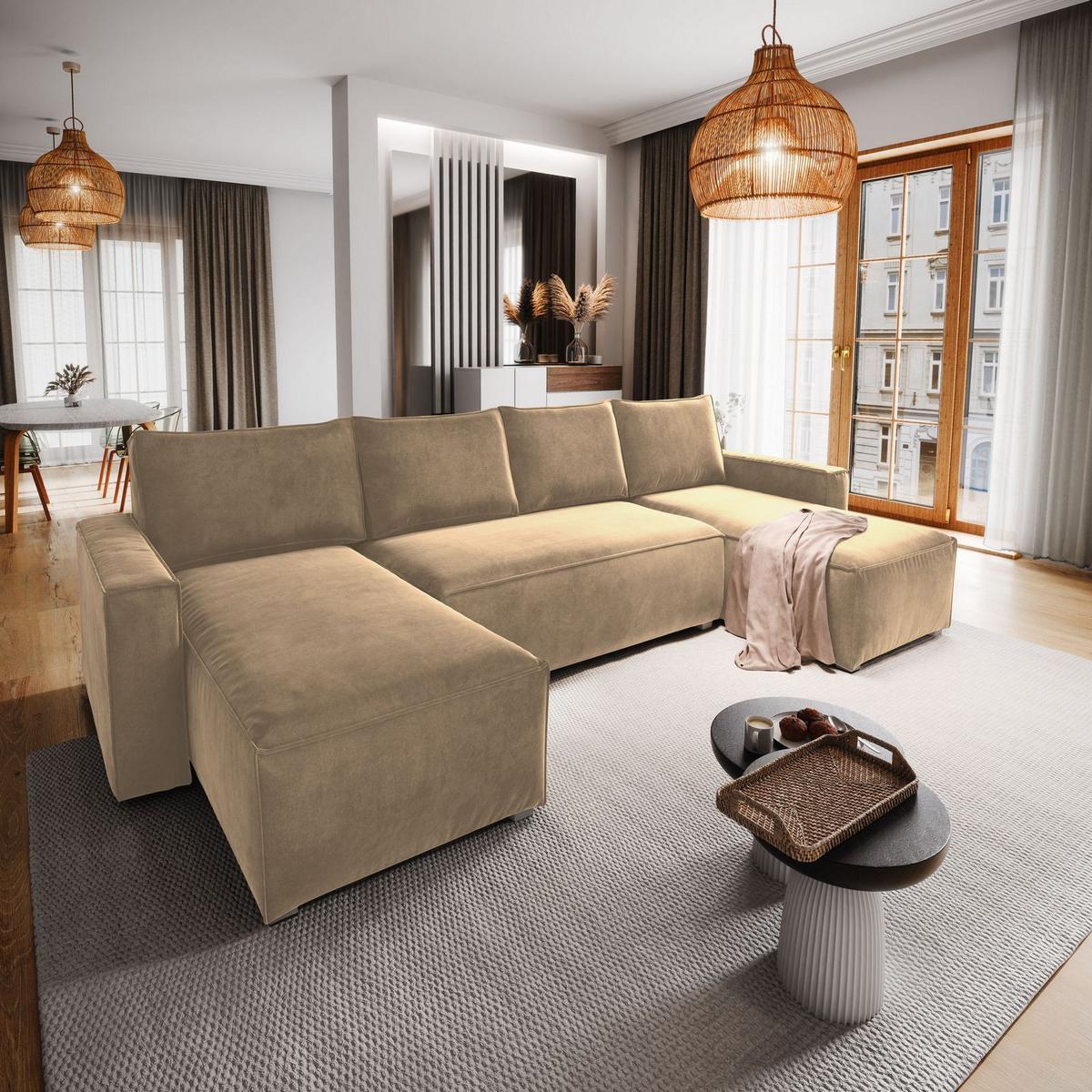 WOHNLANDSCHAFT DENI Creme Velours-Stoff mit Schlaffunktion - Creme/Grau, Holz/Kunststoff (295/85/140cm) - MASSENO