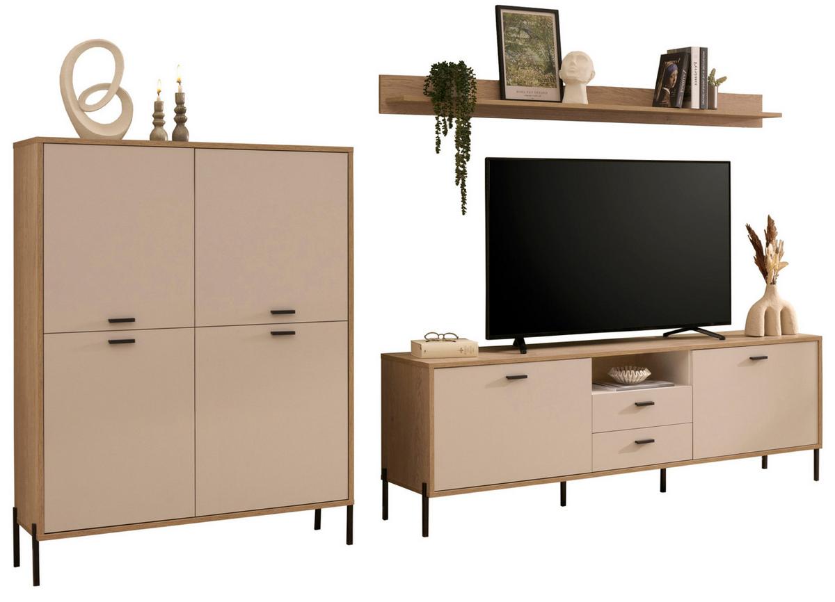 WOHNWAND Kaschmir, Eiche 320 cm Set 3-teilig, Wohnkombination mit Soft-Close - Kaschmir/Eichefarben, Holzwerkstoff/Metall (320/170/40cm) - Furn.Design