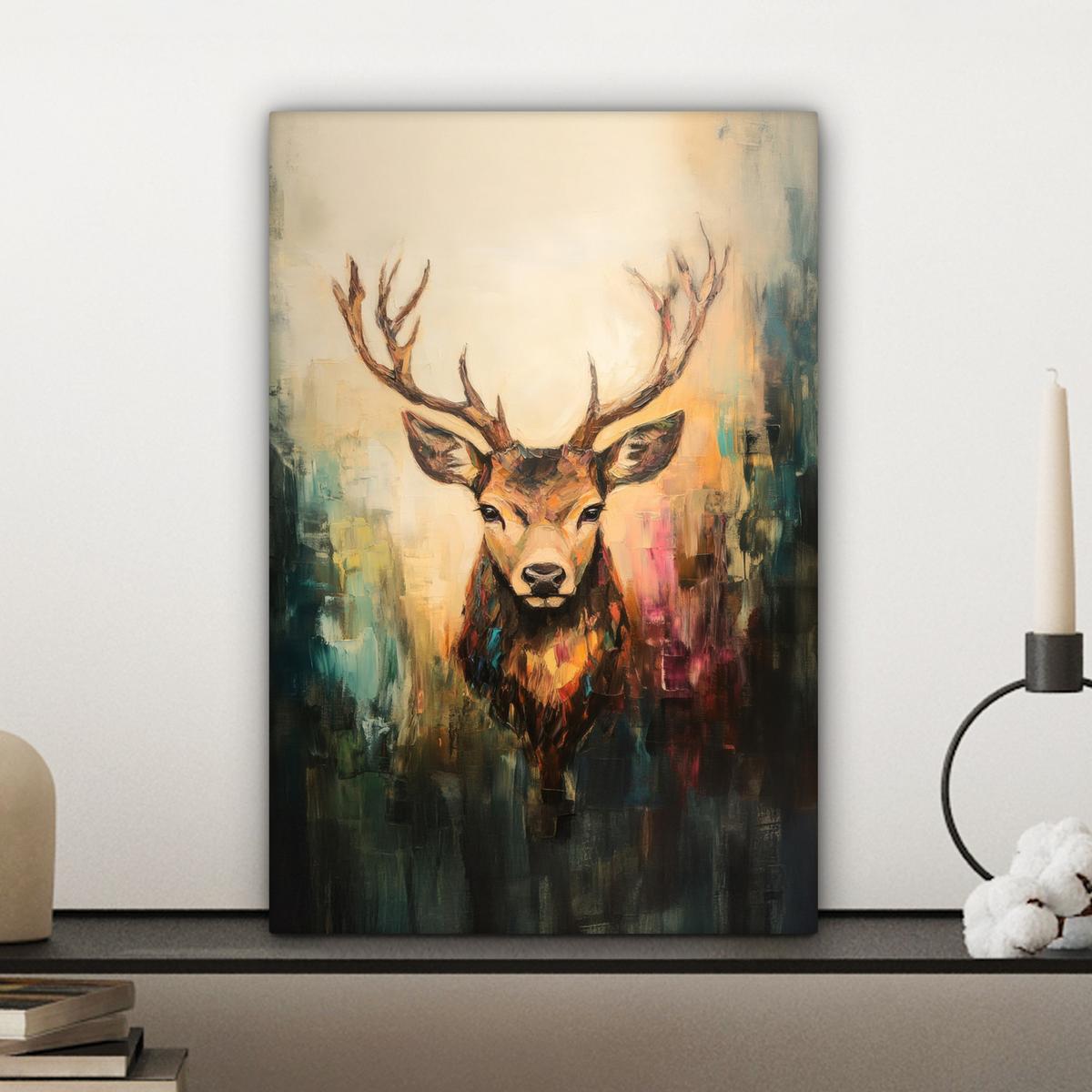 LEINWANDBILD Hirsch - Gemalt - Geweih - Braun Deko Wohnzimmer 20x30 cm - Haselnussfarben, Textil (20/30cm) - MuchoWow