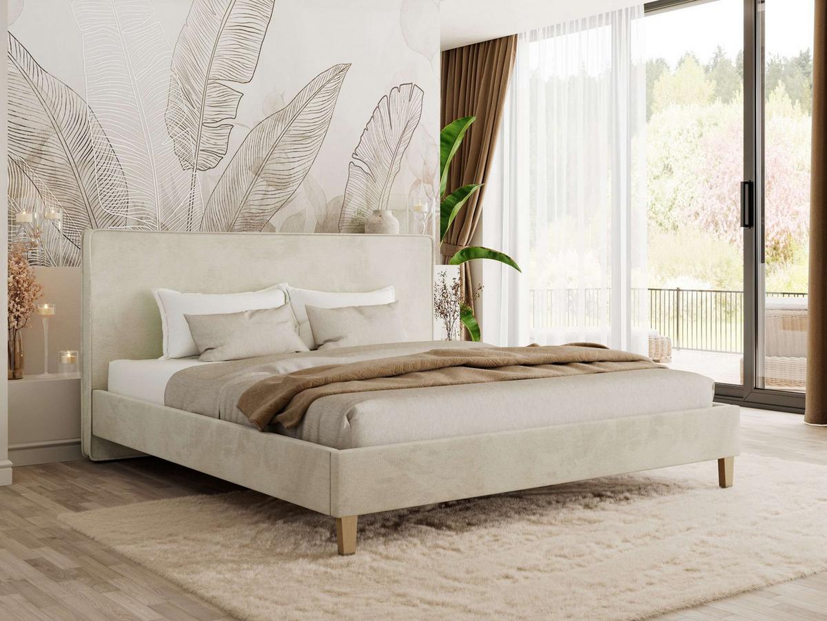 POLSTERBETT LUMARO CLASSIC 140/200 - Beige Velvet - Matratze Pocket - Beige/Kernbuche, Holz/Textil (140/200cm) - MKS