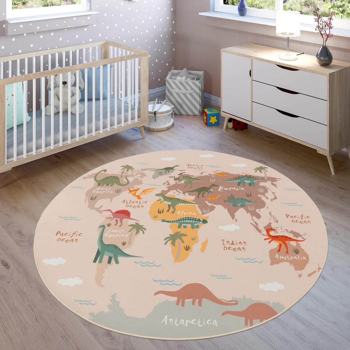KINDERTEPPICH Waschbar, mit Dino-Motiv, Beige, Ø 160 cm - Beige, Textil (160/160cm) - KADIMA DESIGN