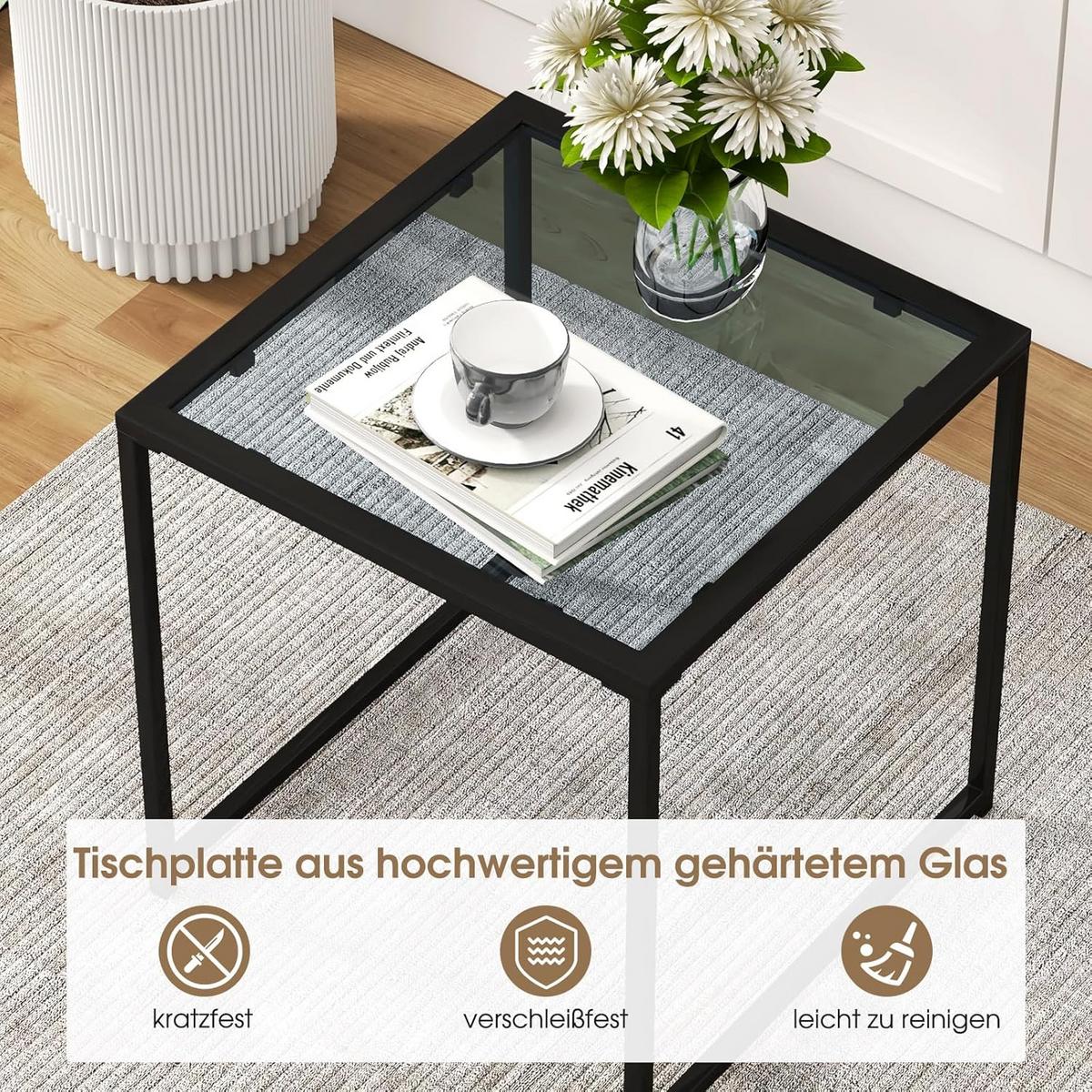 BEISTELLTISCH Schwarz - Schwarz, Glas (43/43/45cm) - COSTWAY