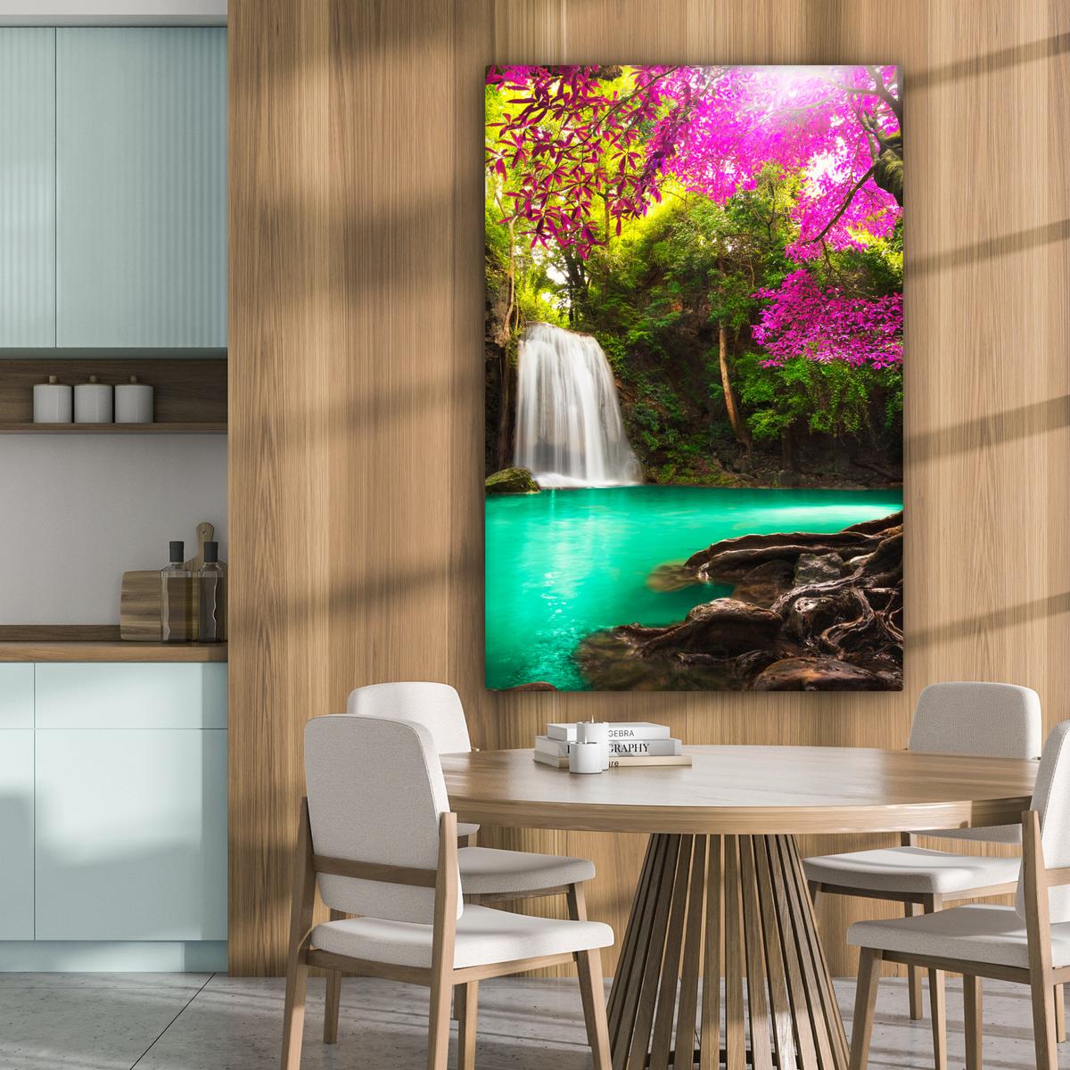 LEINWANDBILD Wasserfall mit bunten Blumen und Bäumen - Natur - Dschungel Deko Groß 90x140 cm - Waldgrün, Textil (90/140cm) - MuchoWow