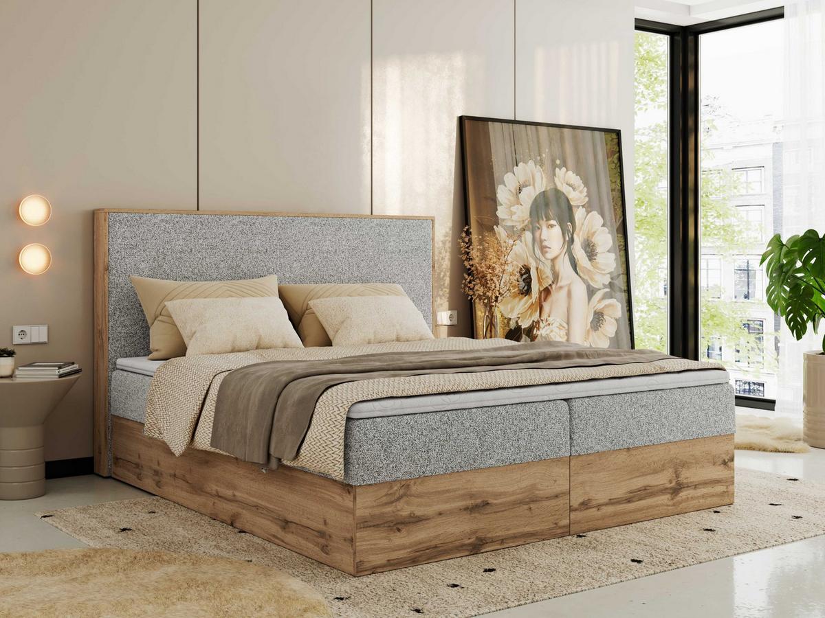 BOXBETT WOOD CLASSIC 160/200 - Hellgrau Strukture - H4 - Hellgrau, Textil (160/200cm) - MKS