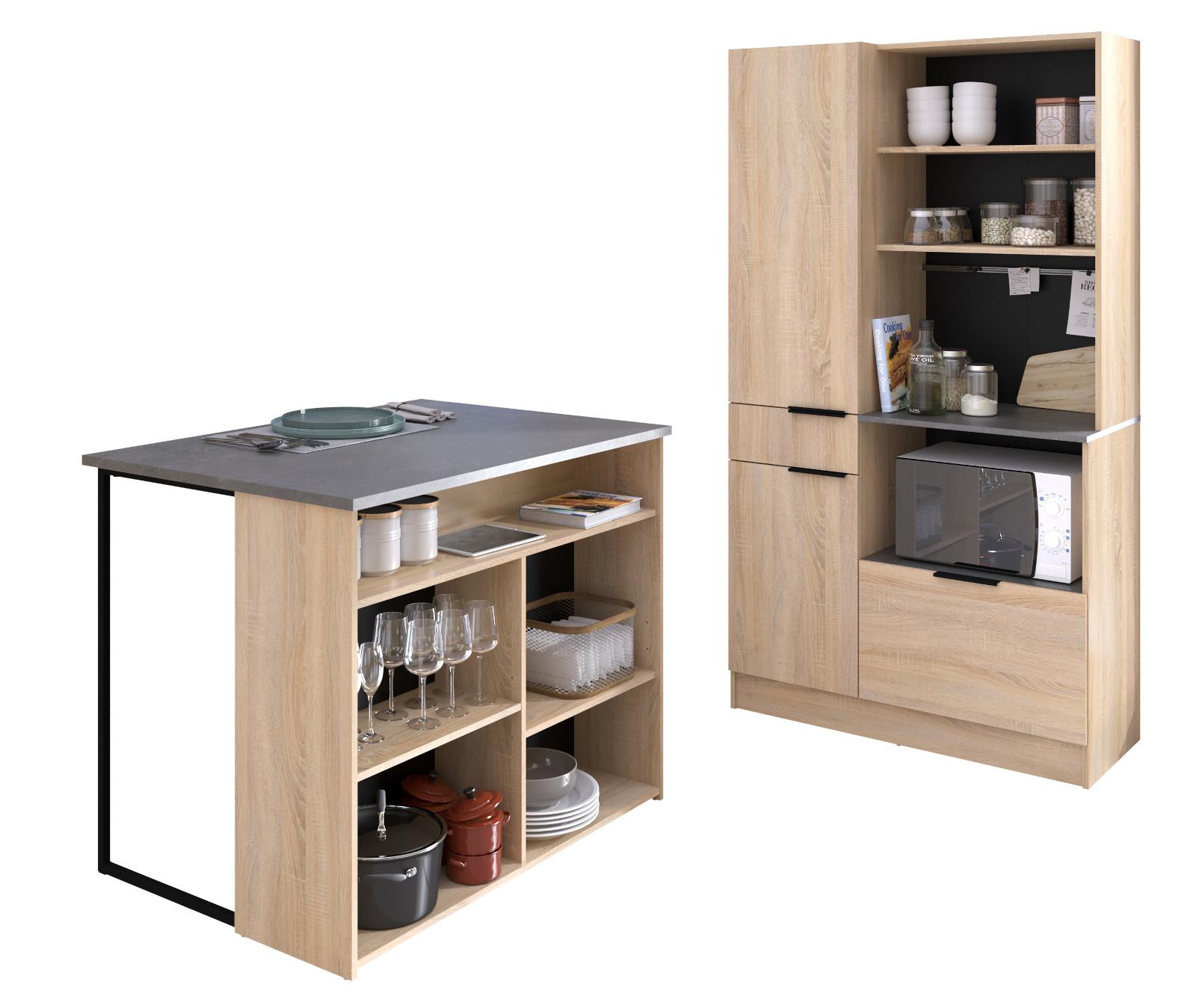 KÜCHENSCHRANK Set 2-tlg Eiche, grau mit Buffet und Kücheninsel - Eichefarben/Multicolor, Holz (209/184/184cm) - Parisot Meuble