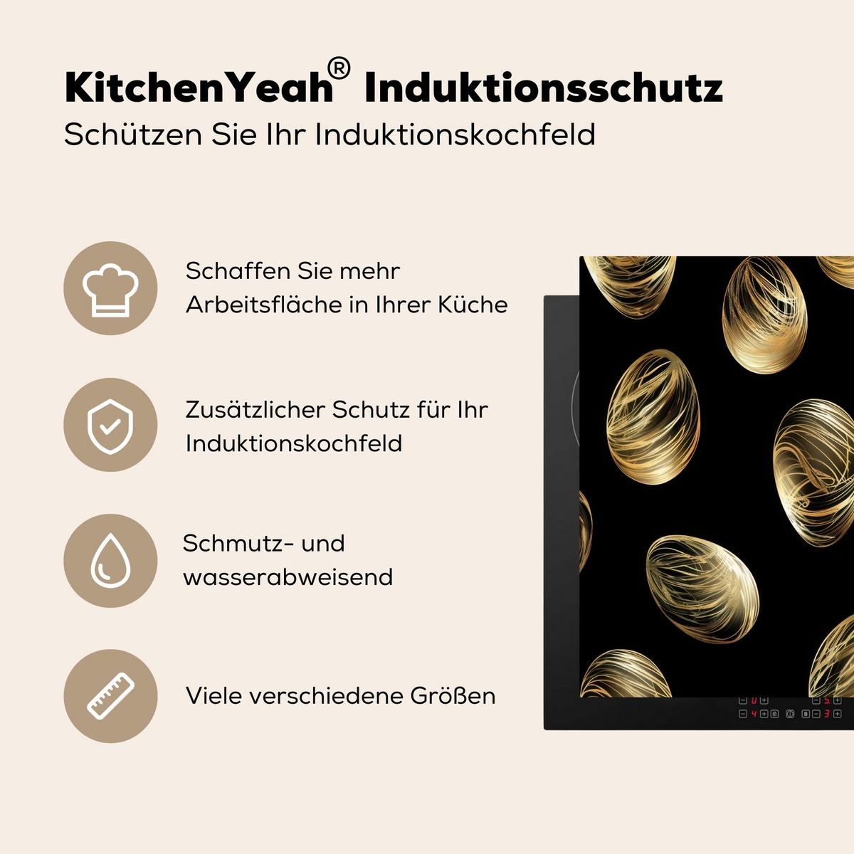 HERDABDECKPLATTE Eier - Gold - Muster Abdeckung Ceranfeld 58.3x51.3 cm - Schwarz, Kunststoff (58.3/51.3/0.2cm) - MuchoWow