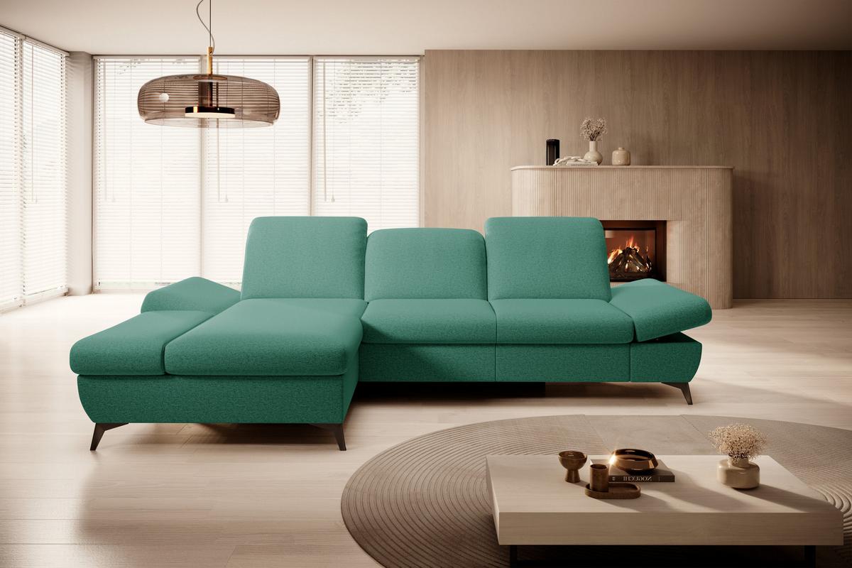 ECKSOFA FELICE L-S Grün Geflochtener Stoff mit Schlaffunktion - Grün, Holz (284/166cm) - MASSENO