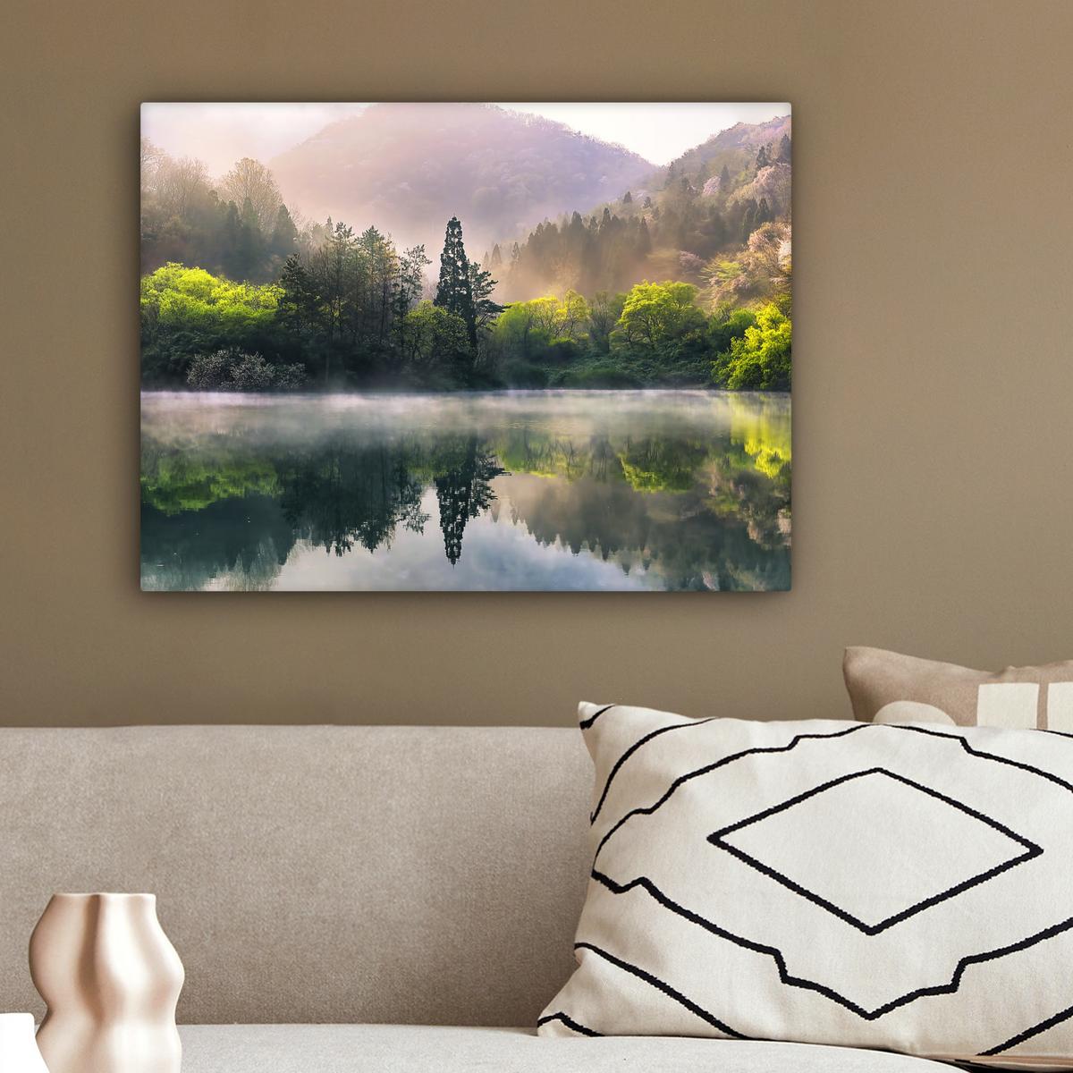 LEINWANDBILD Natur - Bäume - Berge - See - Wasser Wandbild 40x30 cm - Hellgrün, Textil (40/30cm) - MuchoWow