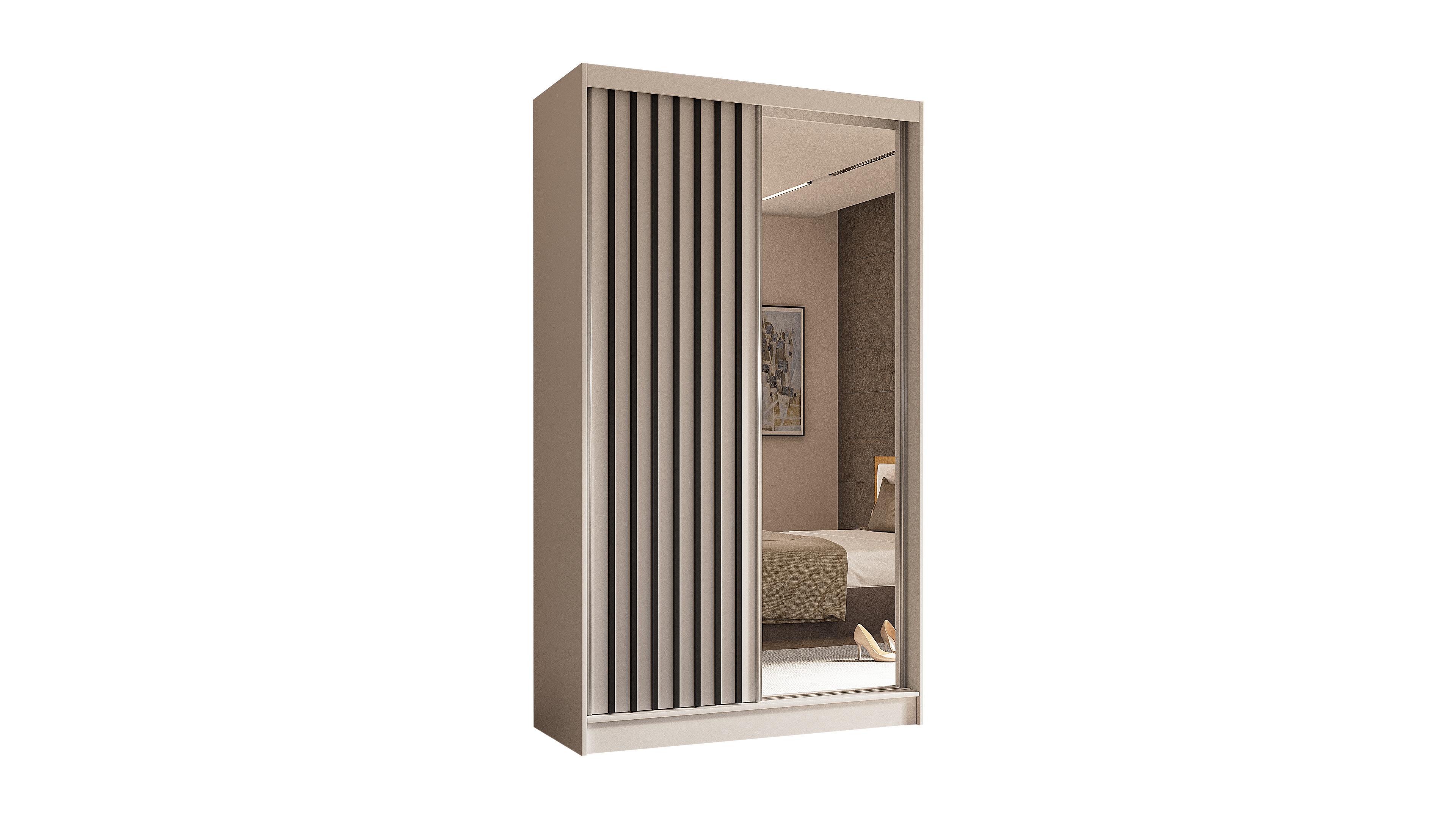 KLEIDERSCHRANK mit Spiegel-Schiebetüren und Aluminium-Leisten - LAMELO - 120 cm Weiß+Weiß+Schwarz - Schwarz/Weiß, Holzwerkstoff (120/216/61cm) - ALTDECOR