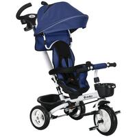 6 in 1 Dreirad mit Schubstange, Kinderdreirad mit Sicherheitsgurt, Sonnendach - Blau, Metall (112/50/104cm) - HOMCOM