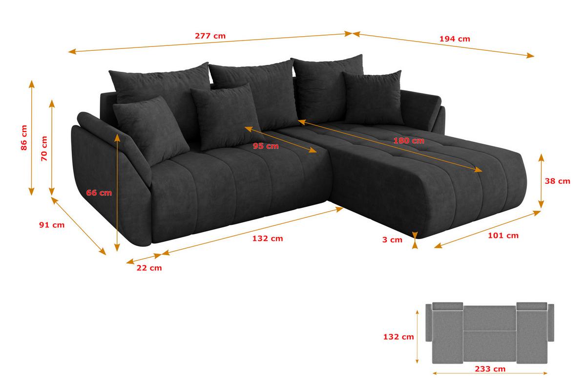 ECKSOFA mit Schlaffunktion Ottomane Rechts TOKO-L 277x194x86 Dunkelgrau Velours - Anthrazit/Schwarz, Holzwerkstoff/Kunststoff (277/194cm) - ALTDECOR