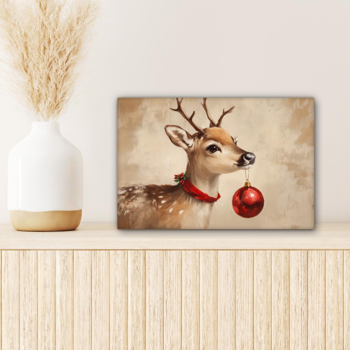 LEINWANDBILD Weihnachten - Hirsch - Geweih - Weihnachtskugel - Rentier Deko Schlafzimmer 30x20 cm - Hellbraun, Textil (30/20cm) - MuchoWow