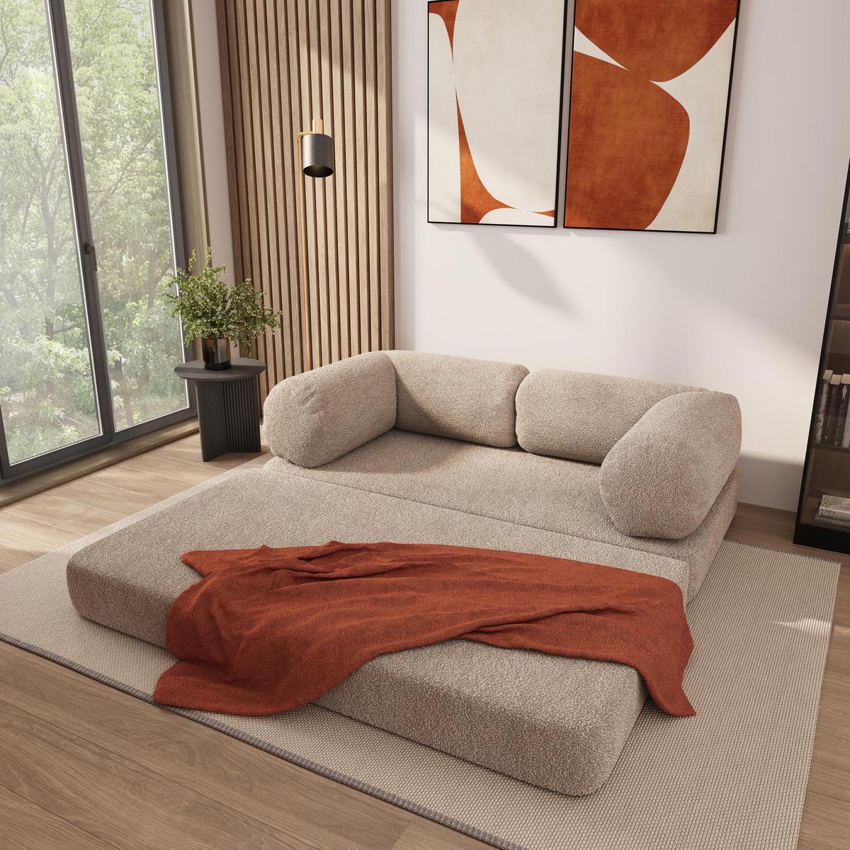 BETTSOFA EIREN aus Schaumstoff Bucle-Stoff Beige Schlaffunktion - Beige, Textil (170/68/80cm) - MASSENO