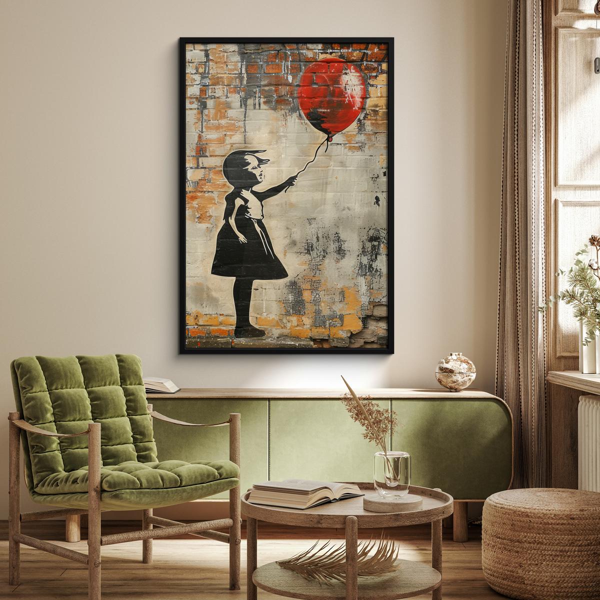 POSTER MIT RAHMEN Graffiti - Banksy - Mädchen - Straßenkunst Bilderleiste 80x120 cm - Sandfarben, Papier (80/120cm) - MuchoWow