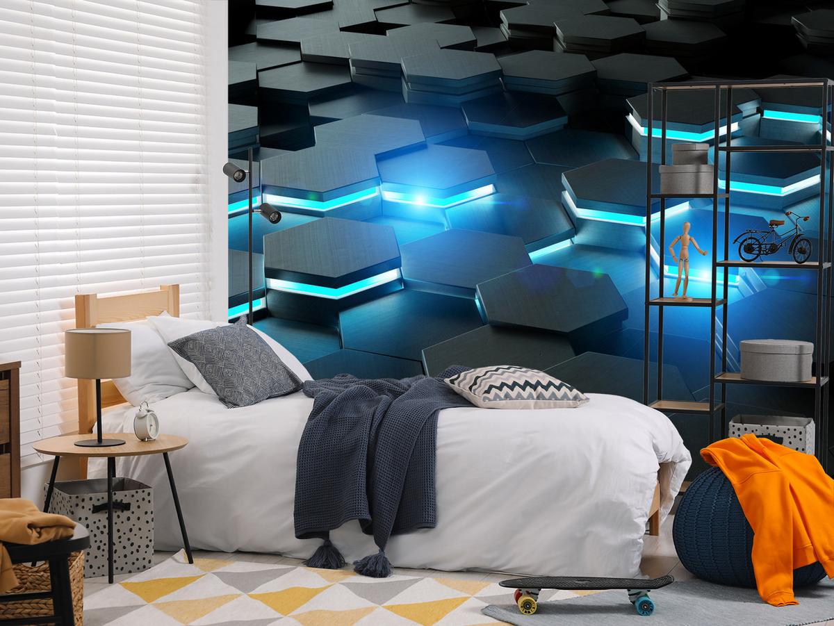 FOTOTAPETE für Jugendzimmer Schwarz Blau Hexagone 500x350 - Blau/Schwarz, Papier (500/350cm) - Muralo