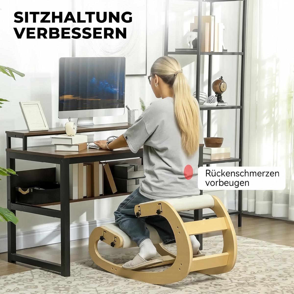 KNIESTUHL Polyester Birkenholz Cremeweiß - Creme, Holz (55/55/85cm) - HOMCOM