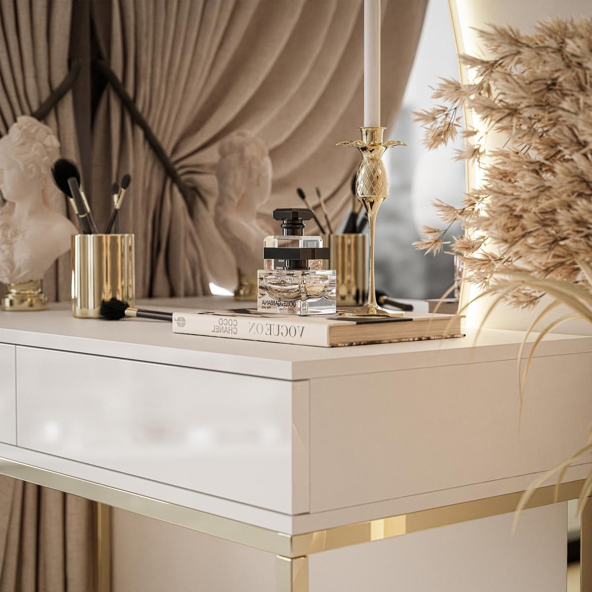 SCHMINKTISCH weiß QUINNIE mit LED-Spiegel gold Chrom rechts PUSH OPEN - Goldfarben/Weiß, Holzwerkstoff (100/176/42cm) - Lookway