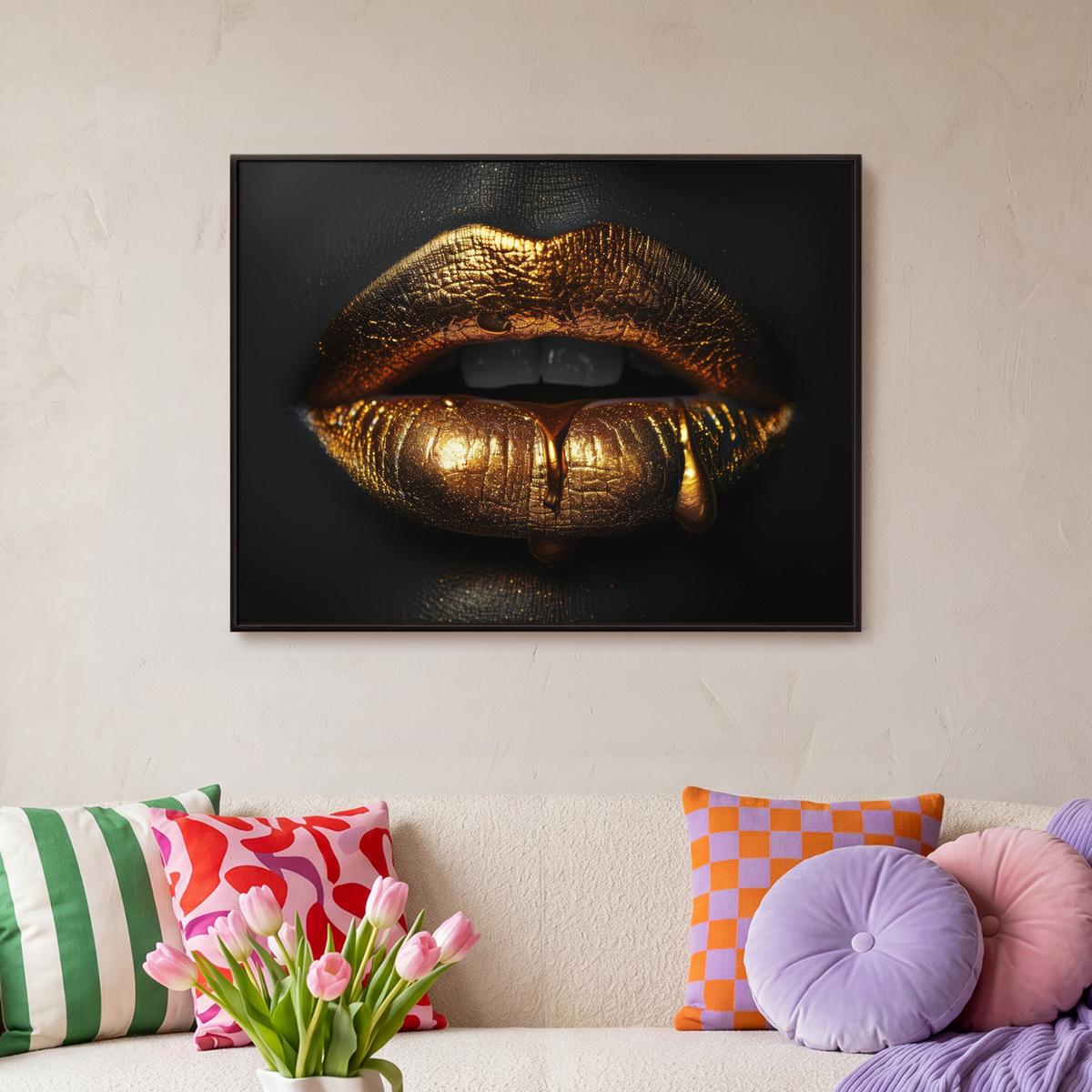 LEINWAND Bilder mit Rahmen - Frau - Porträt - Lippen - Gold - Schwarz - 70x50 - Schwarz, Textil (70/50cm) - MuchoWow