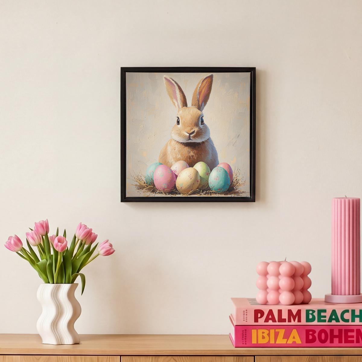 LEINWAND Bilder mit Rahmen - Osterhase - Pastell - Eier - 20x20 - Beige, Textil (20/20cm) - MuchoWow