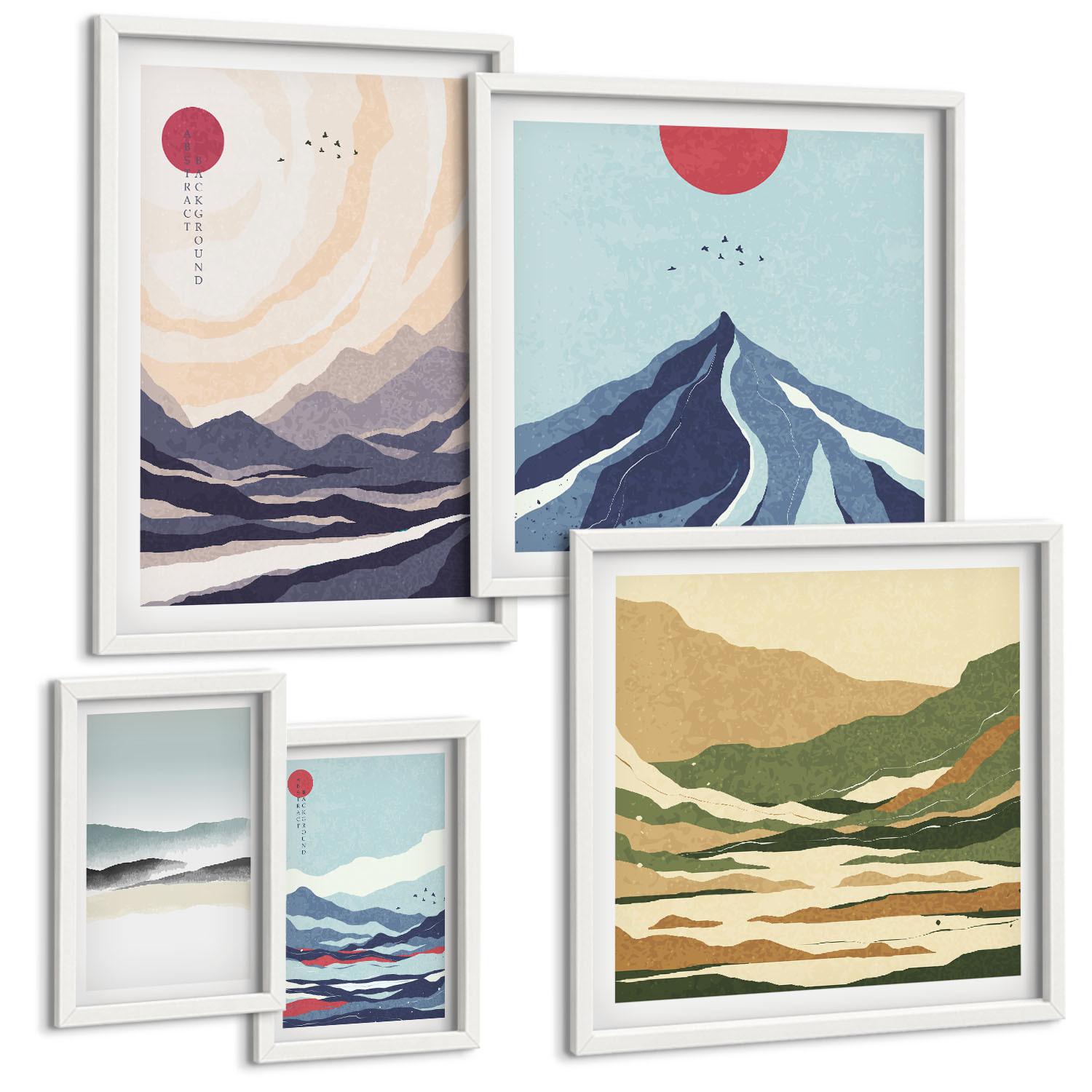 BILDER SET 5er Set - 50x50 cm & 20x30 cm & 40x60 cm Weißer Rahmen - Farbenfrohe abstrakte Flussberge - Weiß, Kunststoff (40/60cm) - TULUP