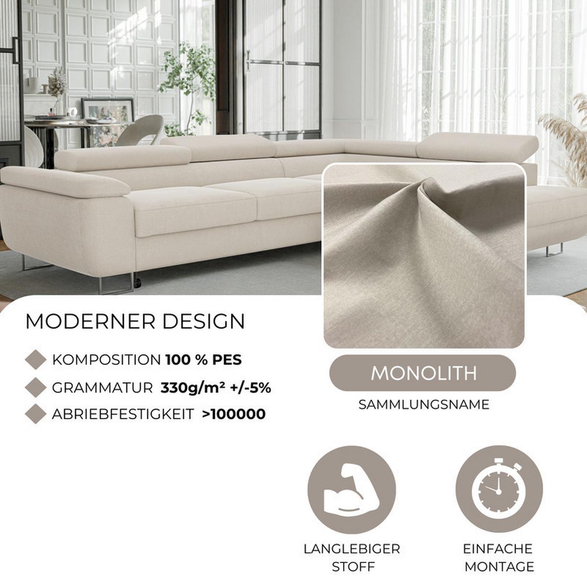 ECKSOFA ANTON rechts, mit Schlaffunktion und Bettkasten Creme - Chromfarben/Creme, Textil/Metall (274/203cm) - Idohome