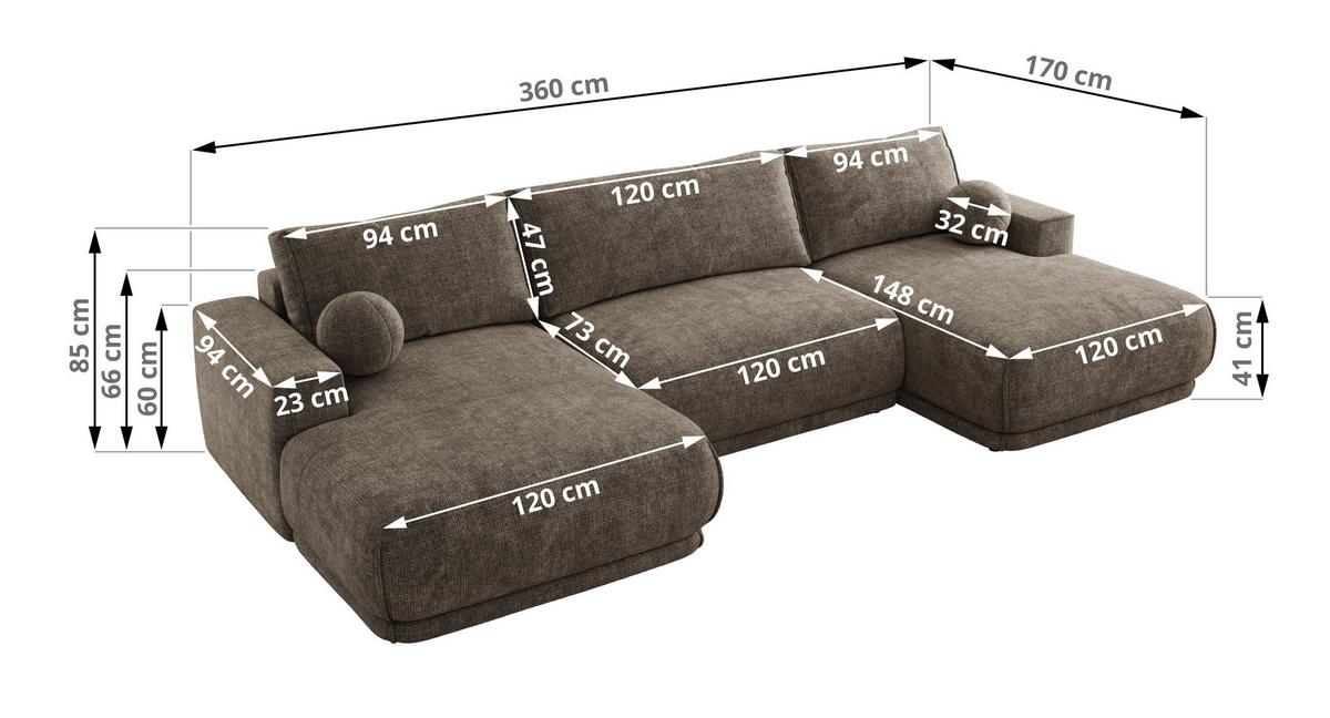 WOHNLANDSCHAFT RINA U Braun Schenille grob gewebt - Schwarz/Braun, Kunststoff/Textil (360/85/170cm) - MKS