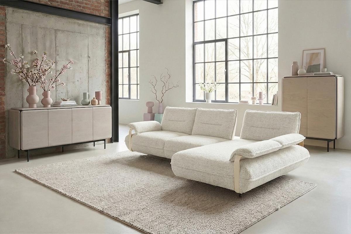 ECKSOFA ANISSA Cremeweiß Flachgewebe - Creme/Schwarz, Kunststoff/Textil (185/297cm) - KAWOLA
