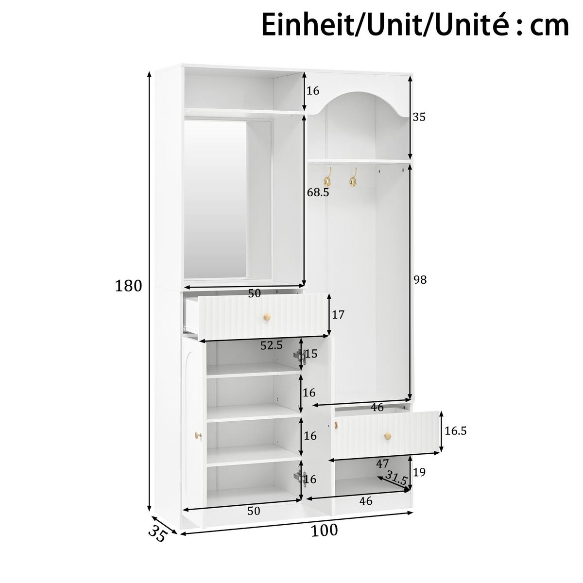 GARDEROBE 100cm Weiß mit LED, Spiegel, Schuhschrank & Sitzbank - Weiß, Holzwerkstoff (100/180/35cm) - Urban Meuble