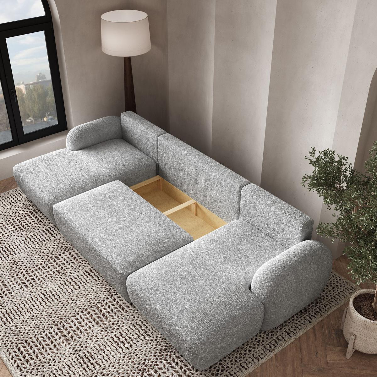 WOHNLANDSCHAFT SAVONA N Hellgrau Boucle-Stoff mit Schlaffunktion - Hellgrau/Schwarz, Holz/Kunststoff (320/90/148cm) - MASSENO