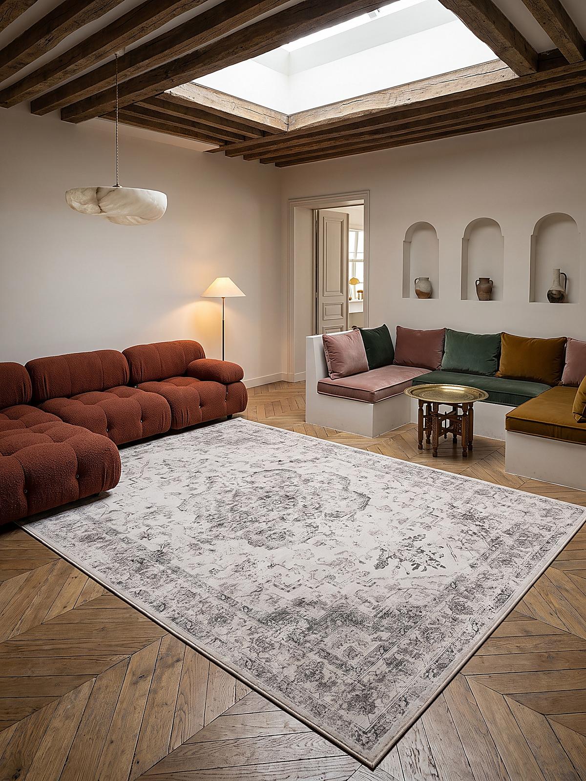 TEPPICH Kurzflor, waschbar, mit floralen Ornamenten, VERNANTE in Beige-Grau, 140 x 200 cm - Beige, Textil (140/200cm) - KADIMA DESIGN